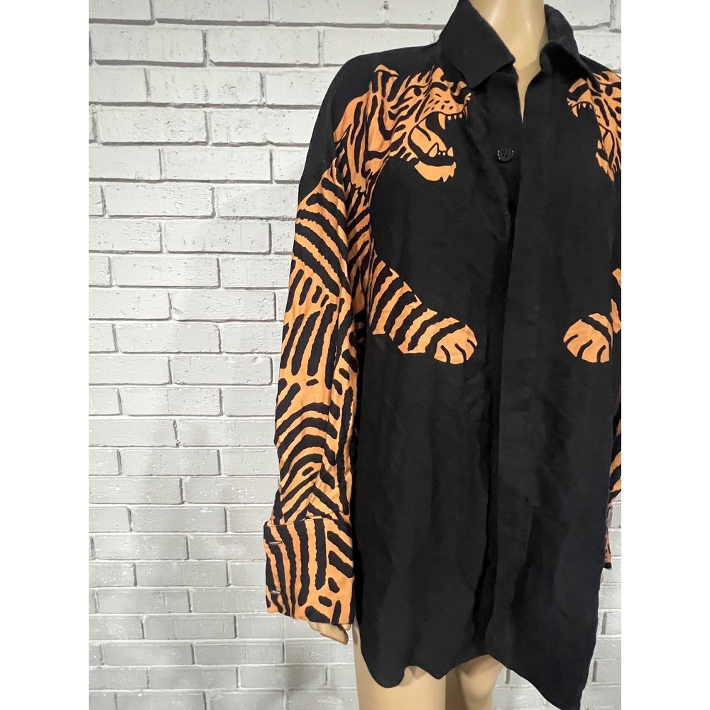 Farm Rio Black Orange Tiger Graphic Oversized Button Down Shirt Womens | Small - Picture 4 of 14